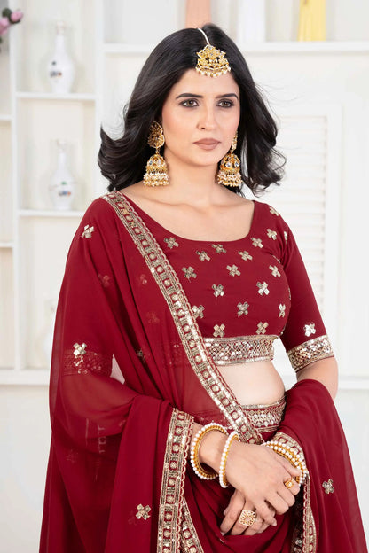 Burgunderroter Georgette-Lehenga mit Paillettenstickerei