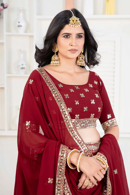 Burgunderroter Georgette-Lehenga mit Paillettenstickerei