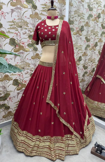 Burgunderroter Georgette-Lehenga mit Paillettenstickerei