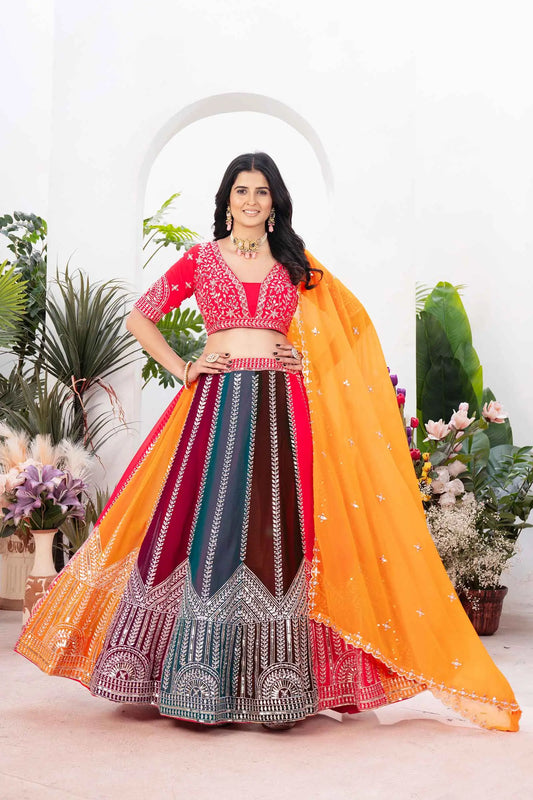 Mehrfarbiger Georgette-Lehenga mit Paillettenstickerei und Dupatta