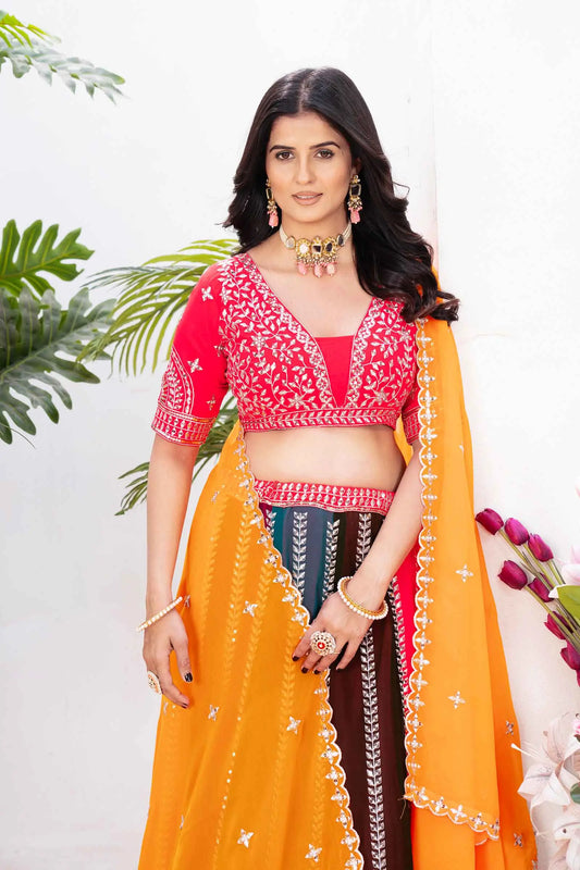 Mehrfarbiger Georgette-Lehenga mit Paillettenstickerei und Dupatta