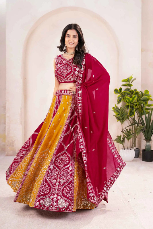 Ensemble Lehenga rouge et jaune avec broderie et sequins