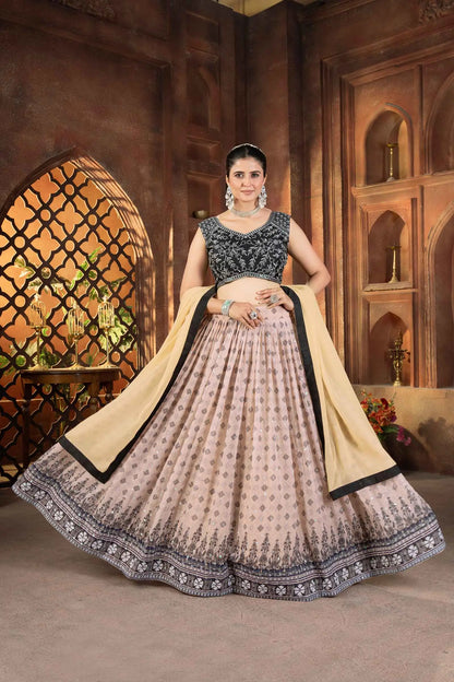 Lehenga choli noir et rose clair à imprimé digital avec broderie