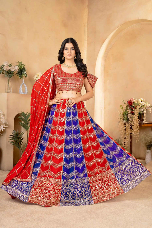 Rot-blauer mehrfarbiger Georgette-Lehenga mit Paillettenstickerei und Dupatta