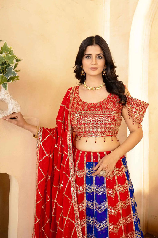 Rot-blauer mehrfarbiger Georgette-Lehenga mit Paillettenstickerei und Dupatta