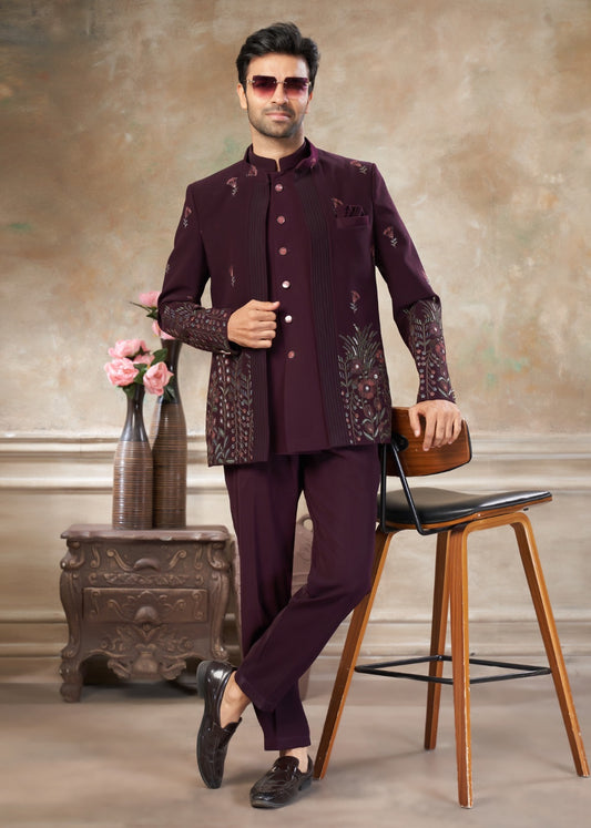 Ensemble Homme Costume Jodhpuri  Violet Pourpre Avec Poche Sur Veste Haut de Gamme en Terry Rayon avec Broderies et Sequins COLLECTION KANWAR