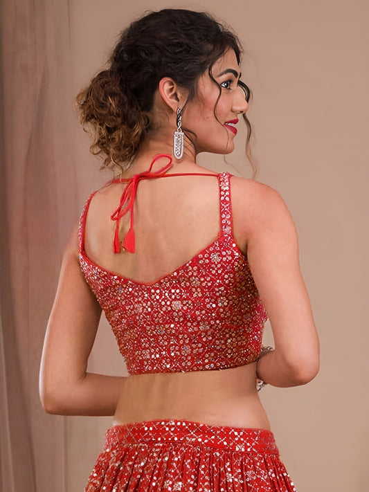 Lehenga rouge en georgette léger avec broderies zari