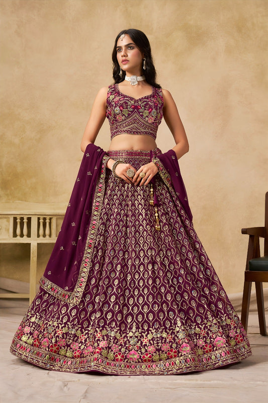 Lehenga violet foncé avec broderies romantiques de fleurs COLLECTION MONICA