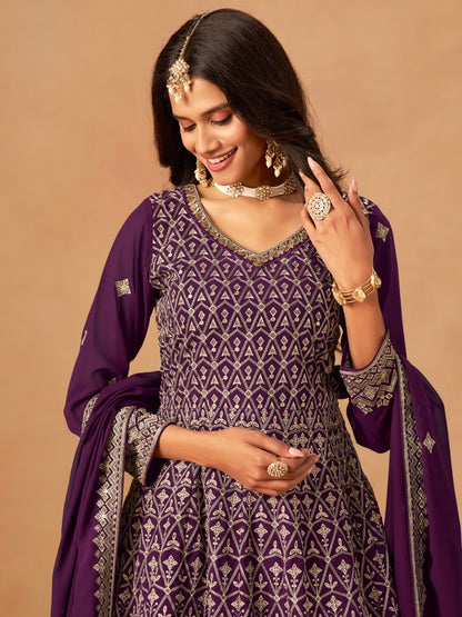 Salwar Palazzo violet prune en faux georgette avec ornements COLLECTION ELINA