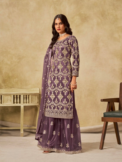 Salwar suit violet prune en net COLLECTION SIMARAN