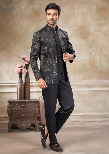 Ensemble Homme Costume Jodhpuri  Noir Détails Gris Avec Poche Sur Veste Haut de Gamme en Terry Rayon avec Broderies et Sequins COLLECTION KANWAR