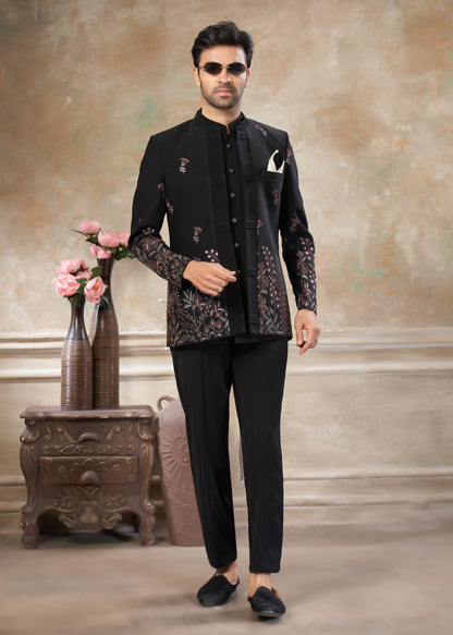 Ensemble Homme Costume Jodhpuri Noir Avec Poche Sur Veste Haut de Gamme en Terry Rayon avec Broderies de fleurs et Sequins COLLECTION KANWAR
