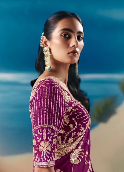 Sari violet aux broderies de sequins et pierres scintillantes COLLECTION ANVESHI