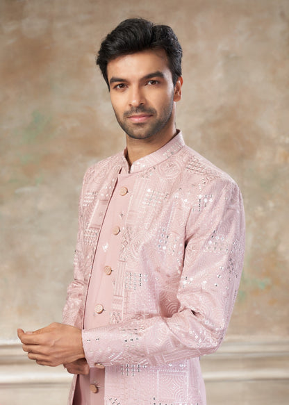 Ensemble Sherwani Homme Rose Clair avec Broderies et Sequins COLLECTION DHIMAN