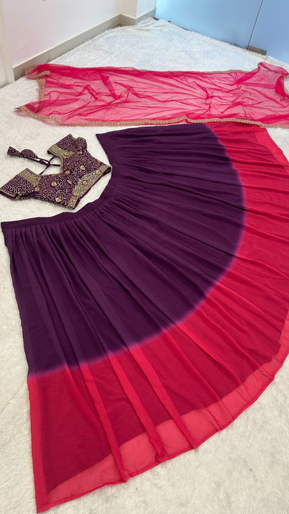 Lehenga de célébration violet rose ombré en georgette légère avec sequins et zari