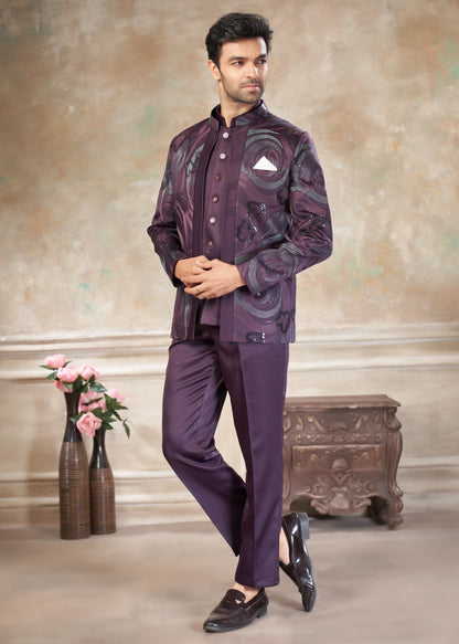 Ensemble Homme Costume Jodhpuri Violet Imprimé Coloré Avec Poche Sur Veste Haut de Gamme en Terry Rayon avec Broderies de fleurs et Sequins COLLECTION KANWAR