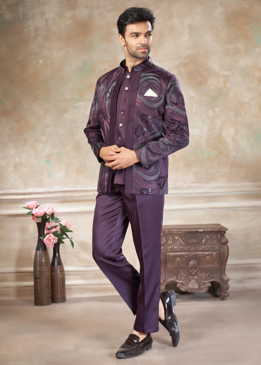 Ensemble Homme Costume Jodhpuri Violet Imprimé Coloré Avec Poche Sur Veste Haut de Gamme en Terry Rayon avec Broderies de fleurs et Sequins COLLECTION KANWAR