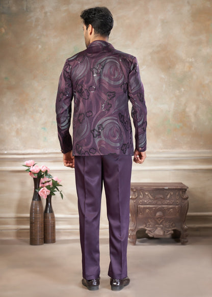 Ensemble Homme Costume Jodhpuri Violet Imprimé Coloré Avec Poche Sur Veste Haut de Gamme en Terry Rayon avec Broderies de fleurs et Sequins COLLECTION KANWAR