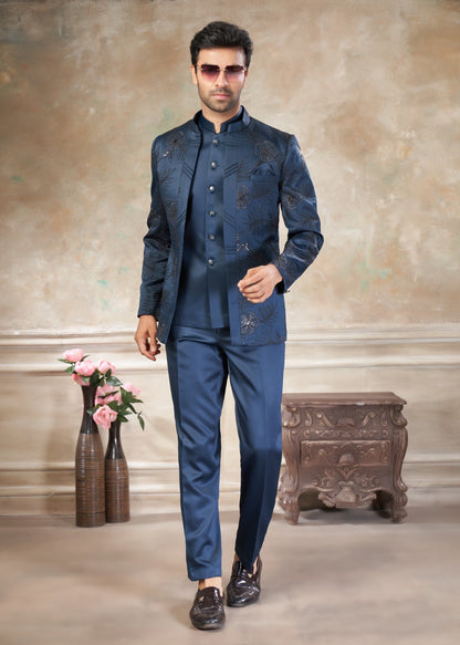 Ensemble Homme Costume Jodhpuri Bleu Foncé Détails Brillants Avec Poche Sur Veste Haut de Gamme en Terry Rayon avec Broderies et Sequins COLLECTION KANWAR