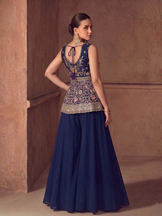 Sharara Palazzo prêt-à-porter moderne bleu foncé avec broderies de fleurs COLLECTION MANNAT