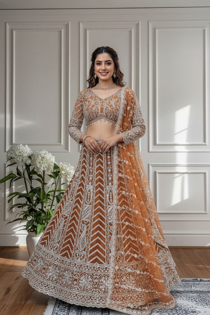 Lehenga orange rouille somptueux en butterfly net avec broderies de sequins