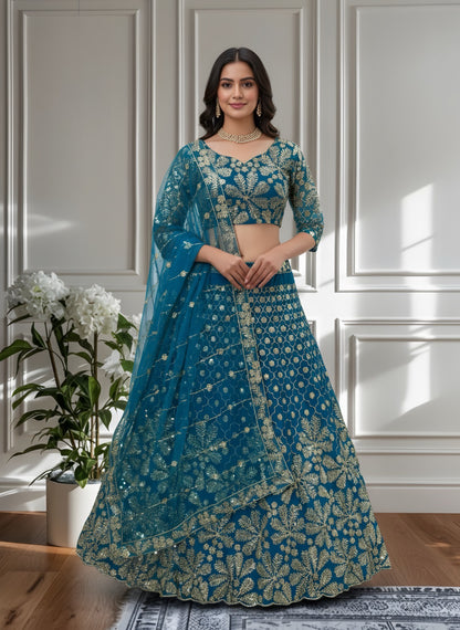 Lehenga bleu de soirée somptueux en butterfly net avec broderies de sequins