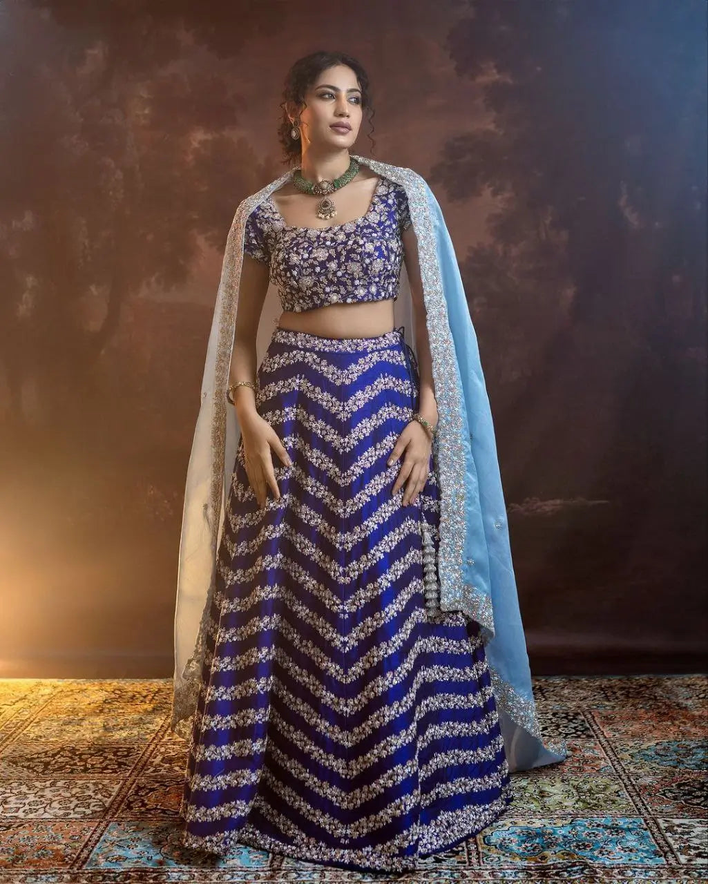 Navy Blue Chinnon Silk Lehenga with Embroidery and Sequins Coding