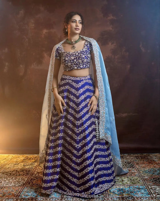 Navy Blue Chinnon Silk Lehenga with Embroidery and Sequins Coding