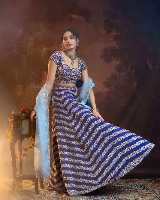 Navy Blue Chinnon Silk Lehenga with Embroidery and Sequins Coding