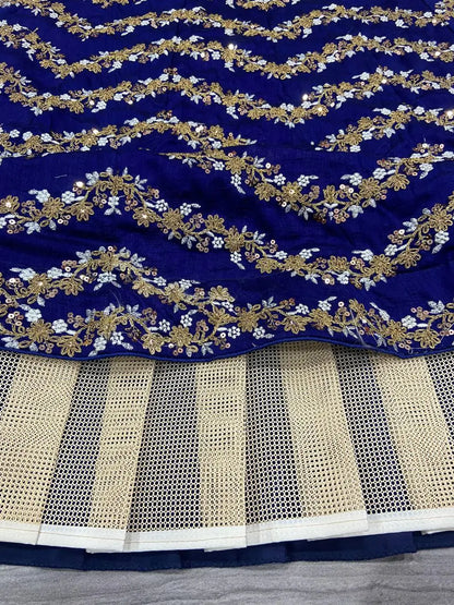 Navy Blue Chinnon Silk Lehenga with Embroidery and Sequins Coding