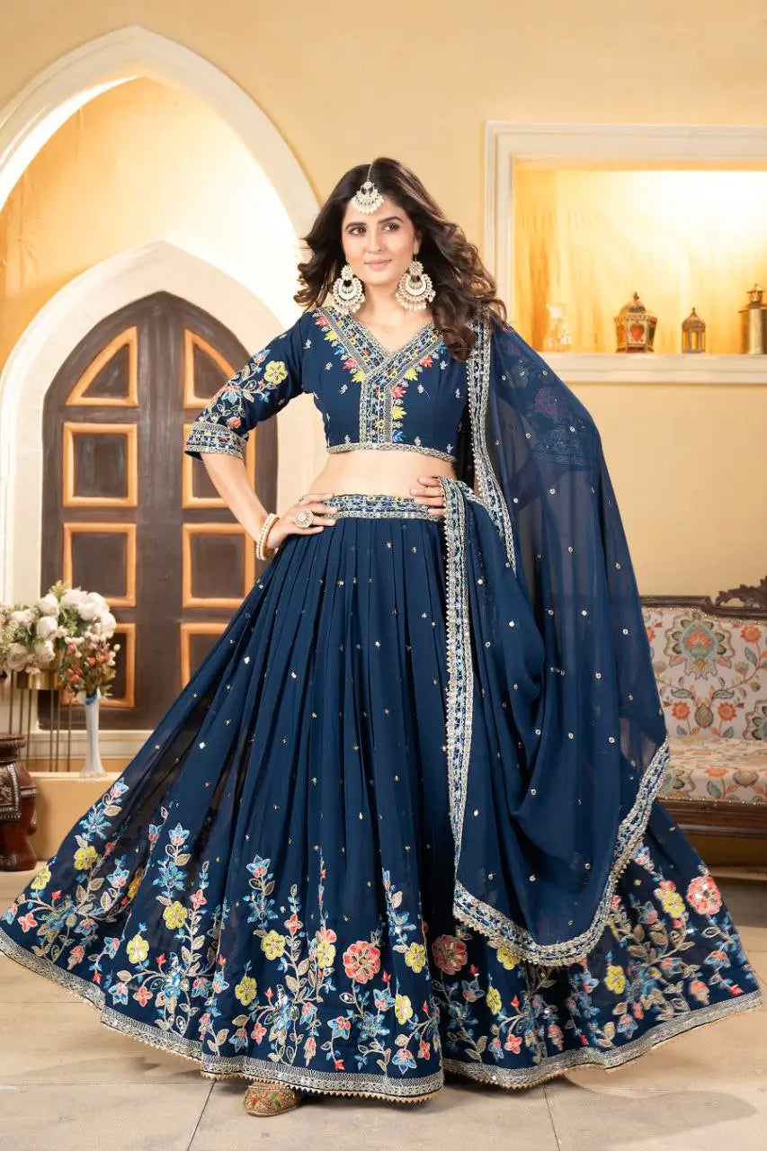 Lehenga bleu Nil en georgette avec broderie multicolore en fils, travail de codage et sequins