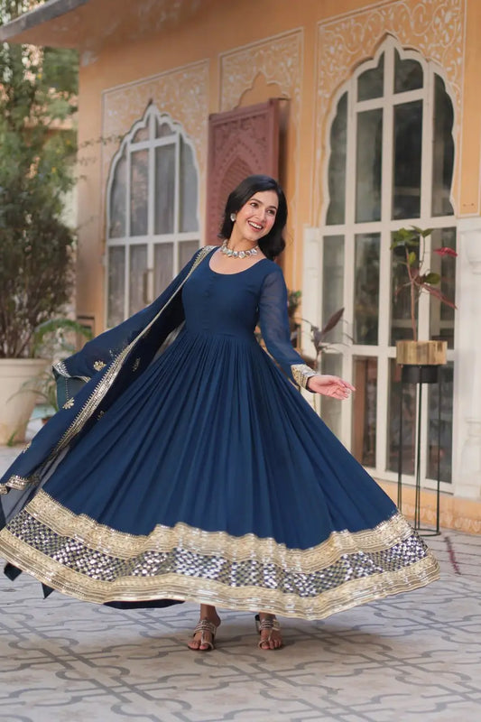 Teal Blue Designer Dress with Sequin Embroidery and Matching Dupatta
