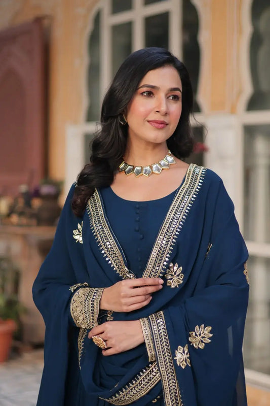 Teal Blue Designer Dress with Sequin Embroidery and Matching Dupatta