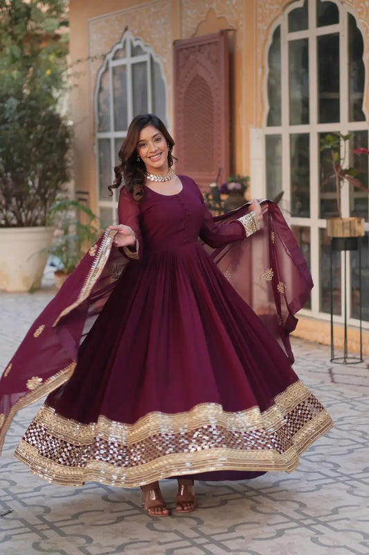 Burgundy Designer Dress with Sequin Embroidery and Matching Dupatta