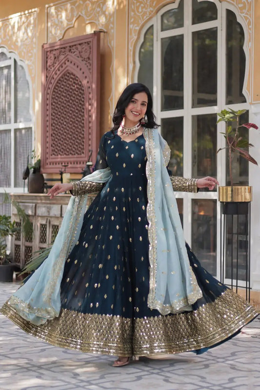 Grey Blue Designer Dress with Sequin Embroidery and Matching Dupatta