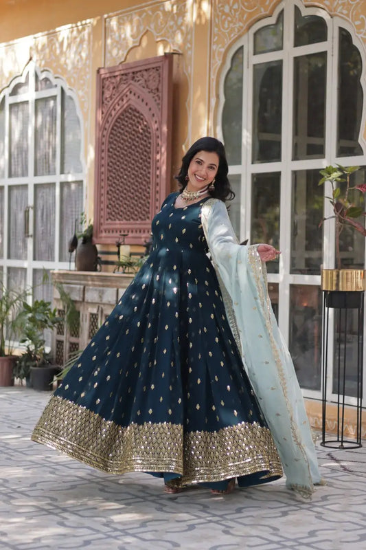 Grey Blue Designer Dress with Sequin Embroidery and Matching Dupatta
