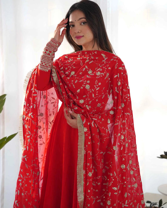 Cornell Red Georgette Designer Long Dress with Heavy Embroidery and Dupatta – Timeless Elegance