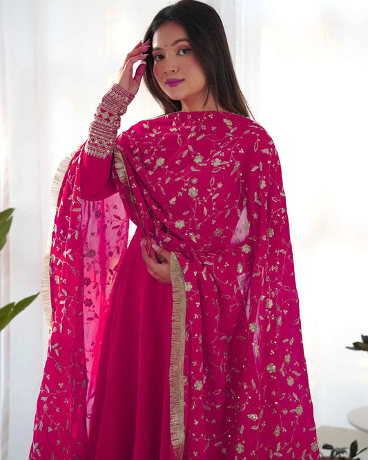 Fuchsia Georgette Designer Long Dress with Heavy Embroidery and Dupatta - Elegance and Refinement