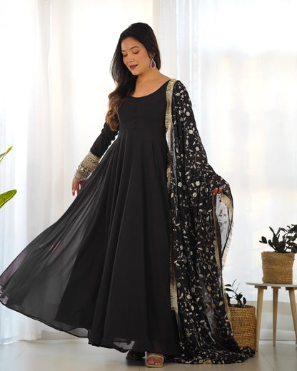 Black Georgette Designer Long Dress with Heavy Embroidery and Dupatta - Elegance and Refinement