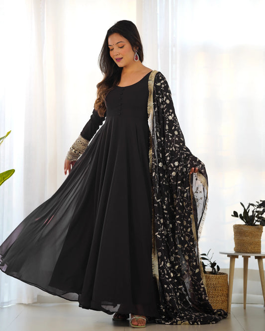 Black Georgette Designer Long Dress with Heavy Embroidery and Dupatta - Elegance and Refinement