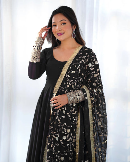 Black Georgette Designer Long Dress with Heavy Embroidery and Dupatta - Elegance and Refinement