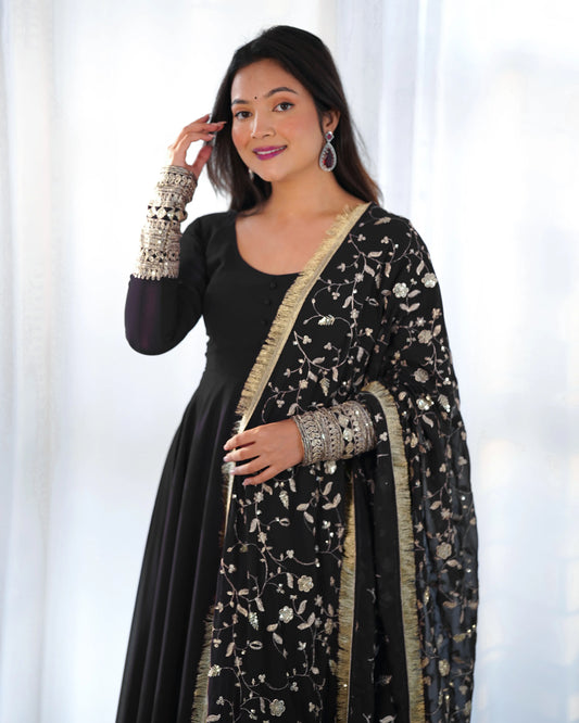 Black Georgette Designer Long Dress with Heavy Embroidery and Dupatta - Elegance and Refinement