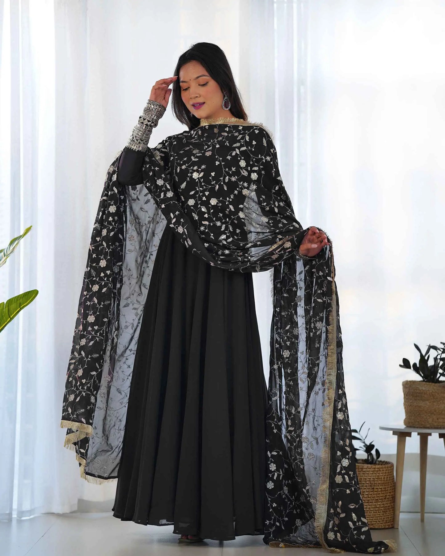 Black Georgette Designer Long Dress with Heavy Embroidery and Dupatta - Elegance and Refinement