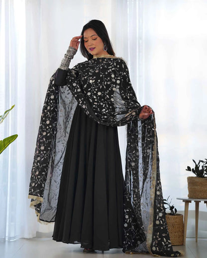 Black Georgette Designer Long Dress with Heavy Embroidery and Dupatta - Elegance and Refinement