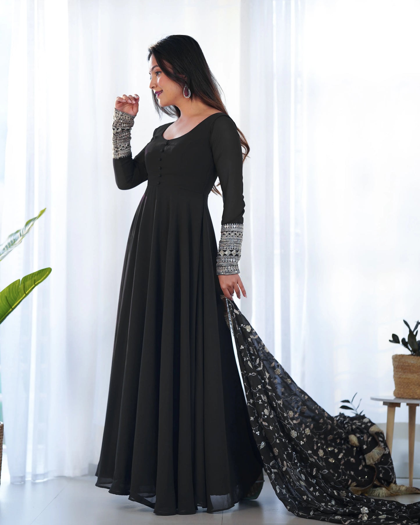 Black Georgette Designer Long Dress with Heavy Embroidery and Dupatta - Elegance and Refinement