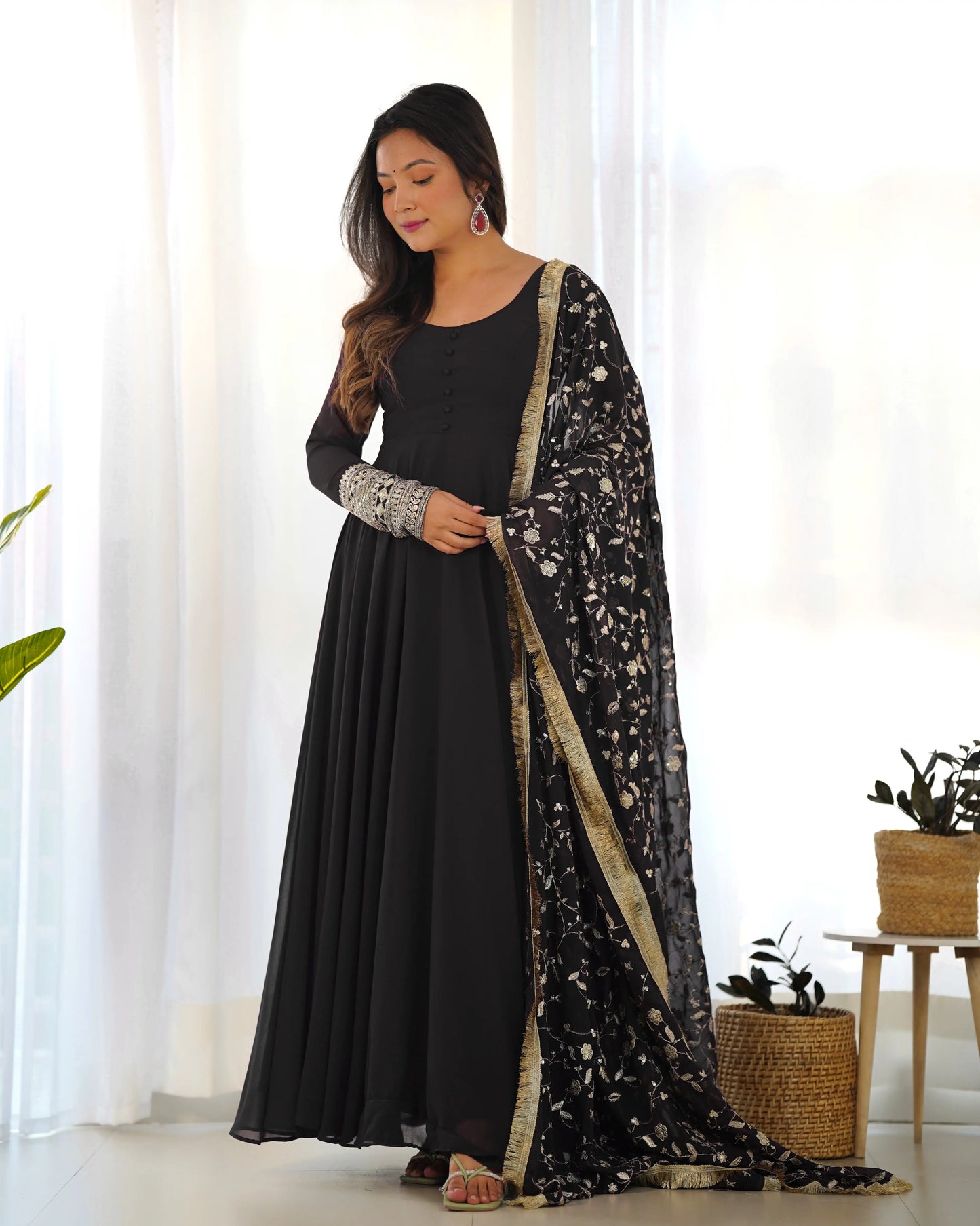 Black Georgette Designer Long Dress with Heavy Embroidery and Dupatta - Elegance and Refinement