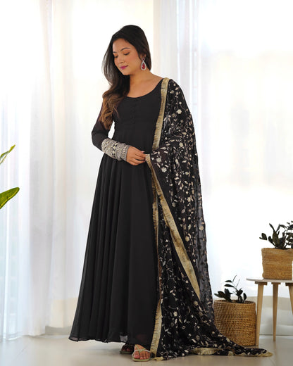 Black Georgette Designer Long Dress with Heavy Embroidery and Dupatta - Elegance and Refinement