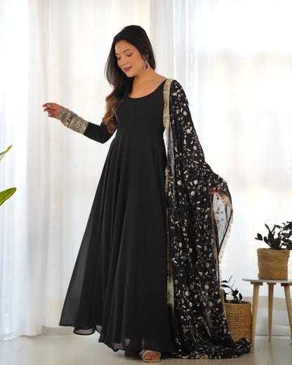 Black Georgette Designer Long Dress with Heavy Embroidery and Dupatta - Elegance and Refinement