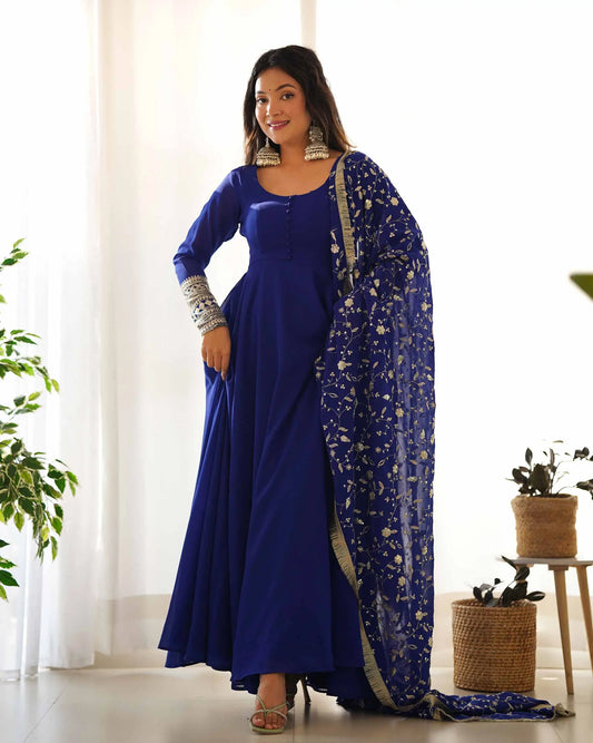 Royal Blue Georgette Designer Dress with Heavy Embroidery and Dupatta