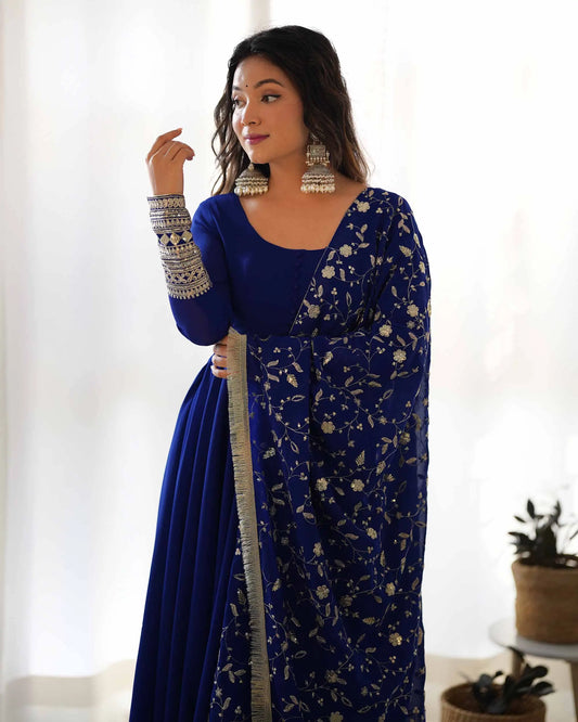 Royal Blue Georgette Designer Dress with Heavy Embroidery and Dupatta